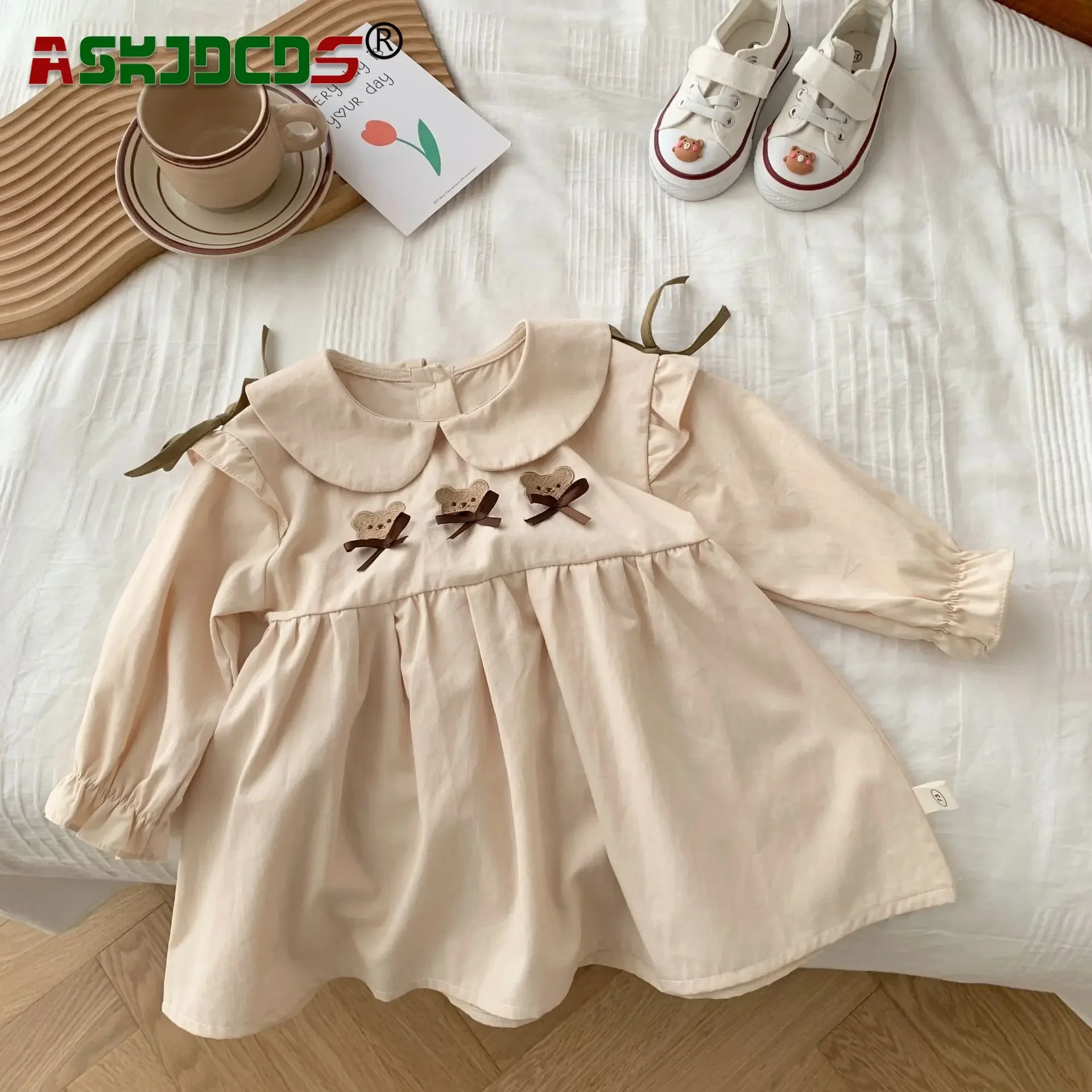 

2024 Overalls Children Clothes Autumn Kids Baby Girls Peter Pan Collar Embroidered Bear Knee-Length Dress Shirt, Toddler Strap