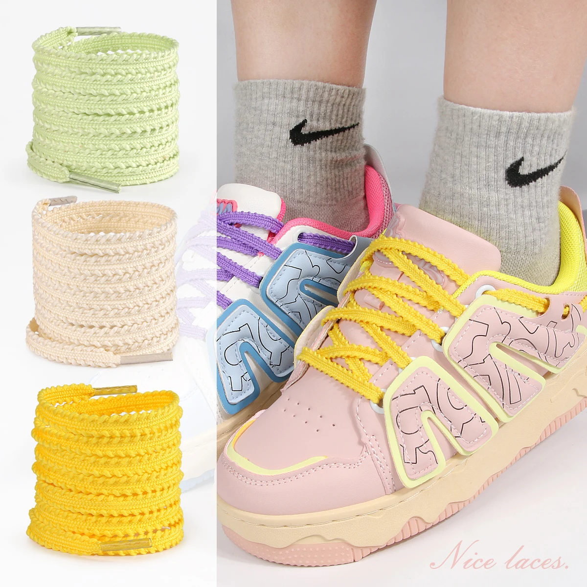 1 Pair Flat Wheat Ears Shoelaces, 0.7mm Solid Color Gear-shaped Braided Shoe Strings for Casual & Sports Sneakers