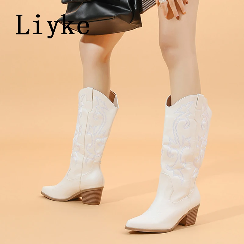 

Liyke Western Style Cowboy Boots For Women Fashion Embroider Leather Autumn Winter Low Heels Long Shoes Knee High Boot Size 43