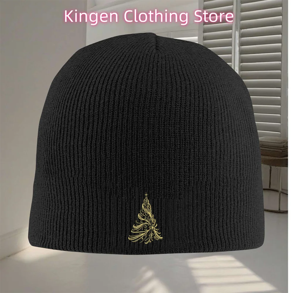 หมวกบีนนี่ถักลายต้นคริสต์มาสสีดำทอง 1 ชิ้น - หมวกกันลมสำหรับฤดูหนาวที่ให้ความอบอุ่นพร้อมตราสัญลักษณ์ต้นไม้สีทอง, สำหรับทุกเพศ