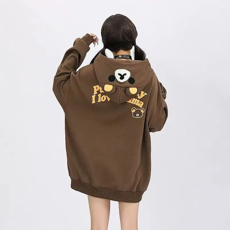 Cute Bear Ears Women's Hoodie Autumn Winter Hoodie Chic Embroidered Little Bear Pattern Zipper Sweatshirt