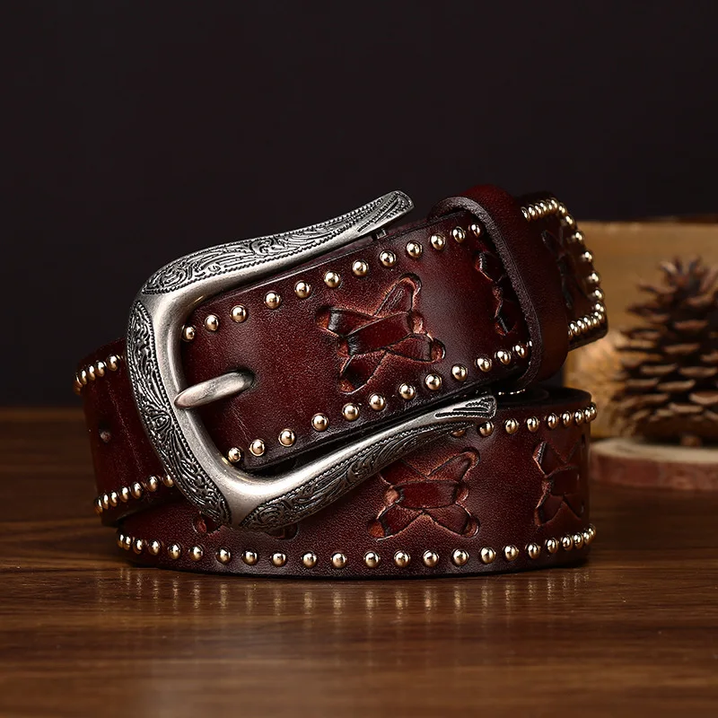 Men's Retro Western Denim Rivet Star Shaped Genuine Leather Woven Belts Trend Personality Punk Cowhide Workwear Man Jeans Belt