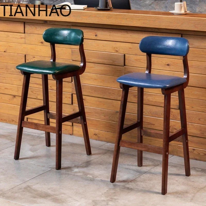 Retro American Solid Wood Bar Stool - European-Style Backrest High Chair for Home/Front Desk