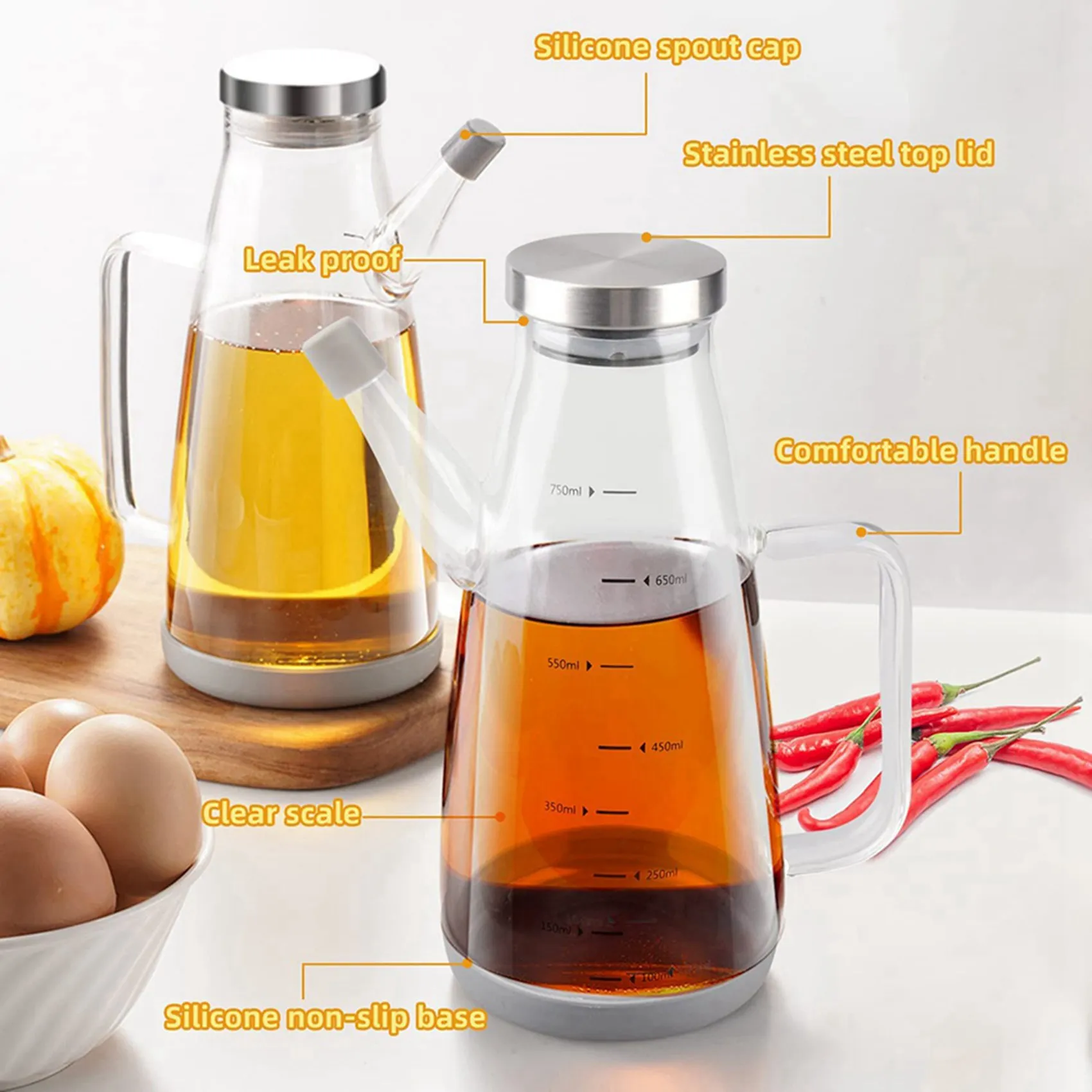 BAAG-2X Large High Borosilicate Glass Oil Bottle For Cooking,25Floz Oil And Vinegar Dispenser Cruet With Non-Slip Base