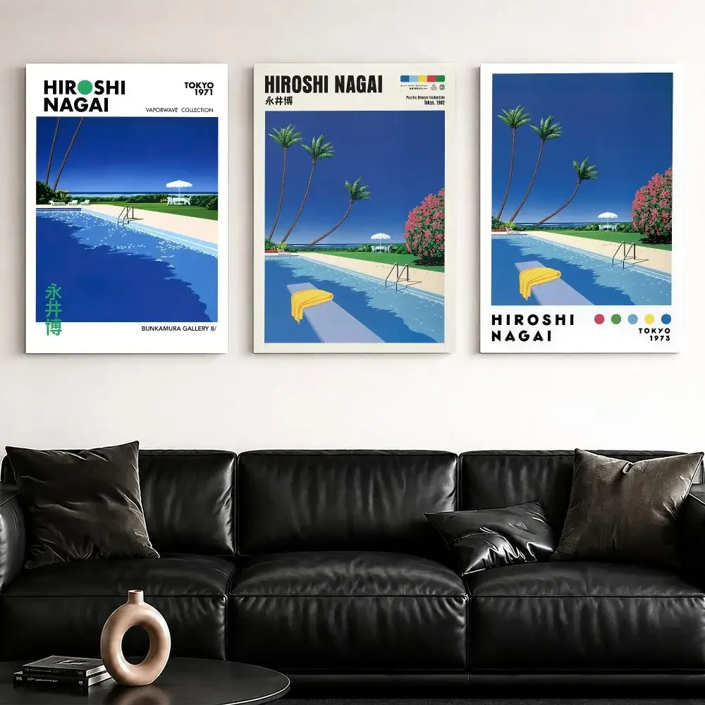 H-Hiroshi Nagai Palm Pool Escape Framed Wall Painting Framed Canvas Wall Art Poster Solid Wood Frame Home Decor