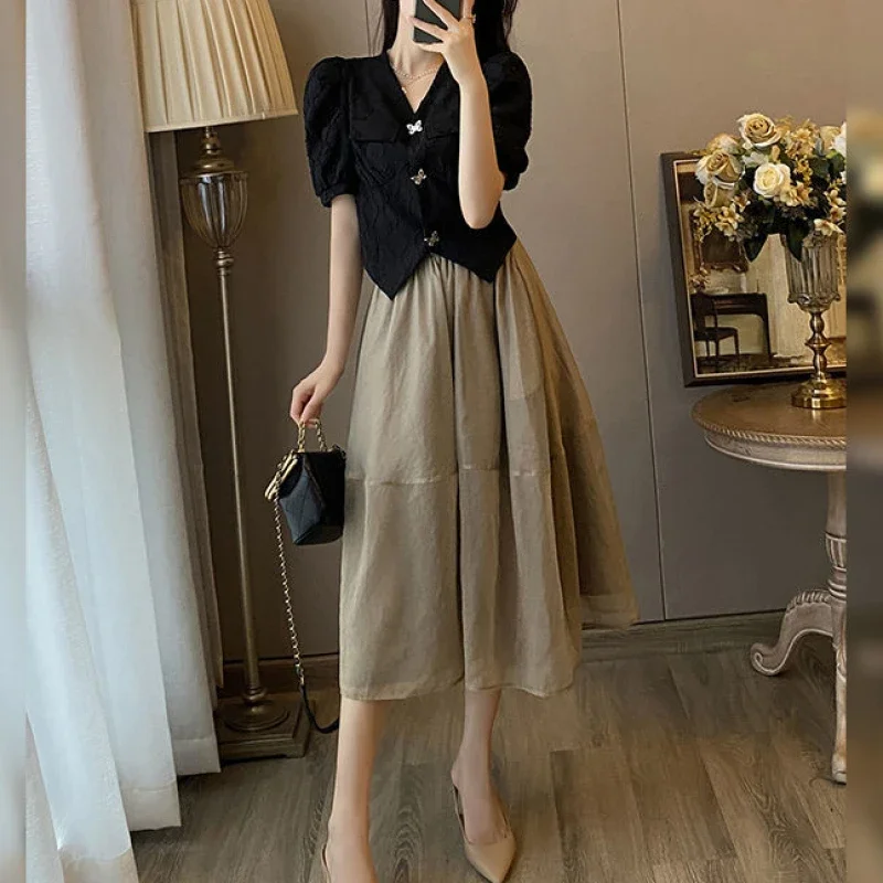 

Летнее маленькое ароматное платье во французском стиле ретро премиум-класса Хепберн темперамент с высокой талией тонкие комплекты из двух предметов