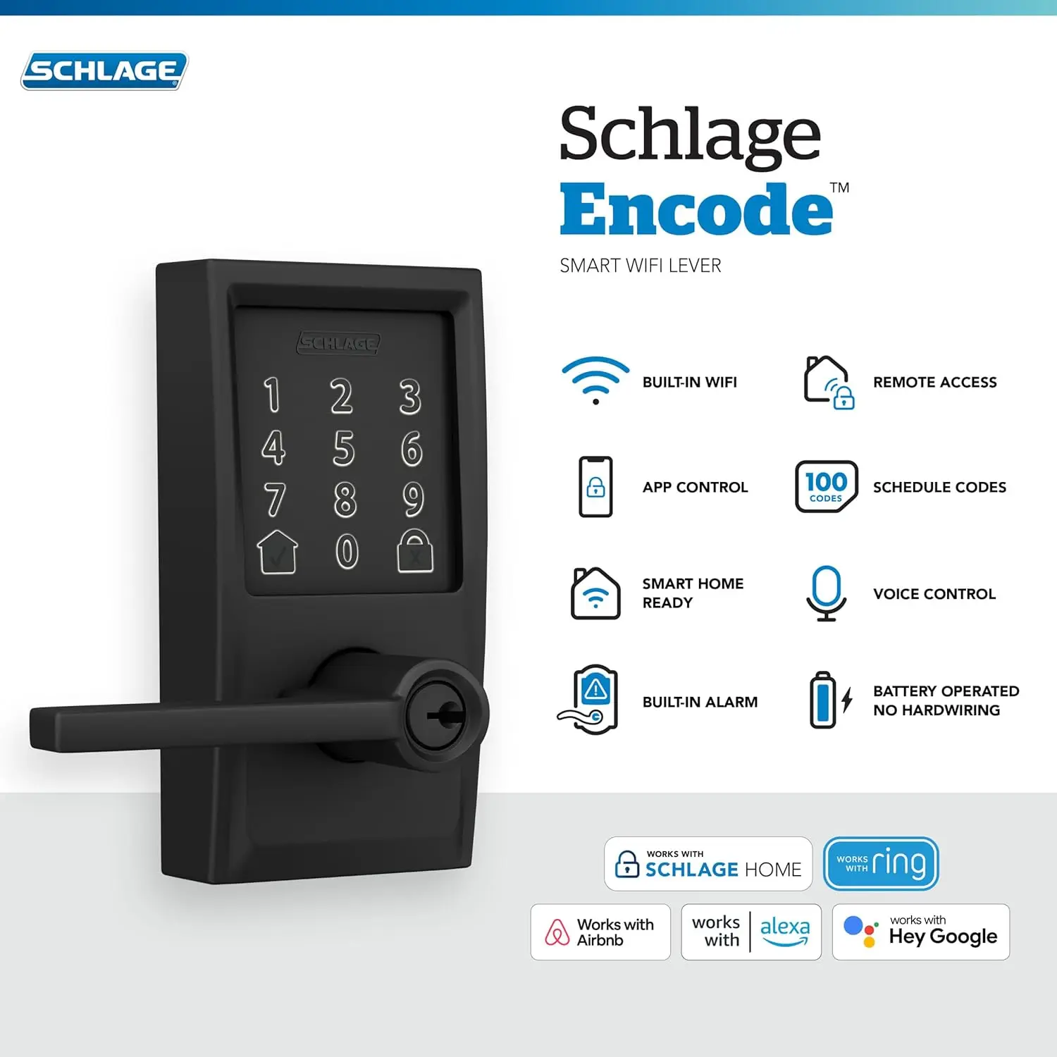 Encode Century WiFi Latitude Lever Smart Keyless Entry Touchscreen Door Lock, Matte Black