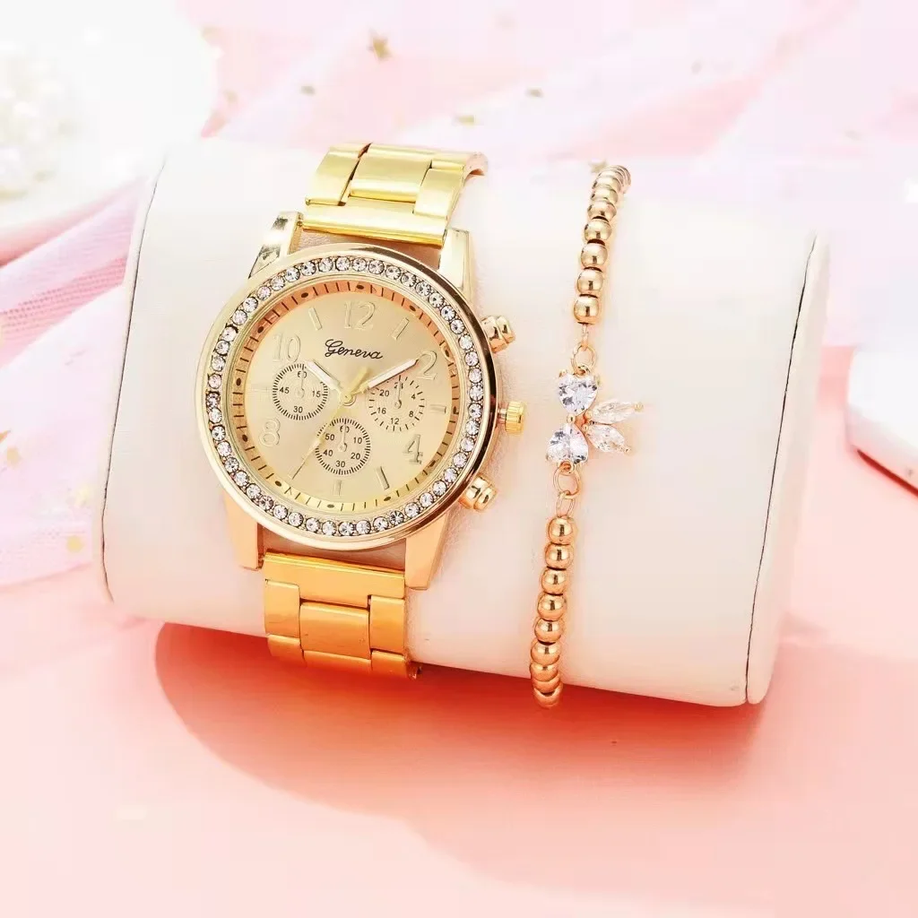 Women\'s Watch Set Geneva Classic Luxury Rhinestone Watch Women Watches Ladies Fashion Gold Clock Reloj Mujer Montre Femme