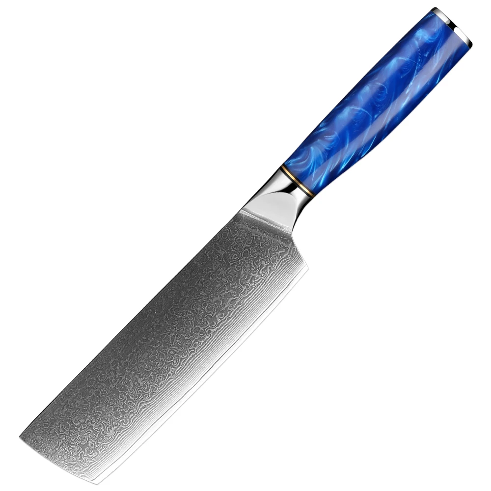 Damascus Nakiri Knife Japanese Damascus VG10 Steel Kitchen Knife, Ultra Sharp Vegetable Knife with Ergonomic Blue Resin Handle