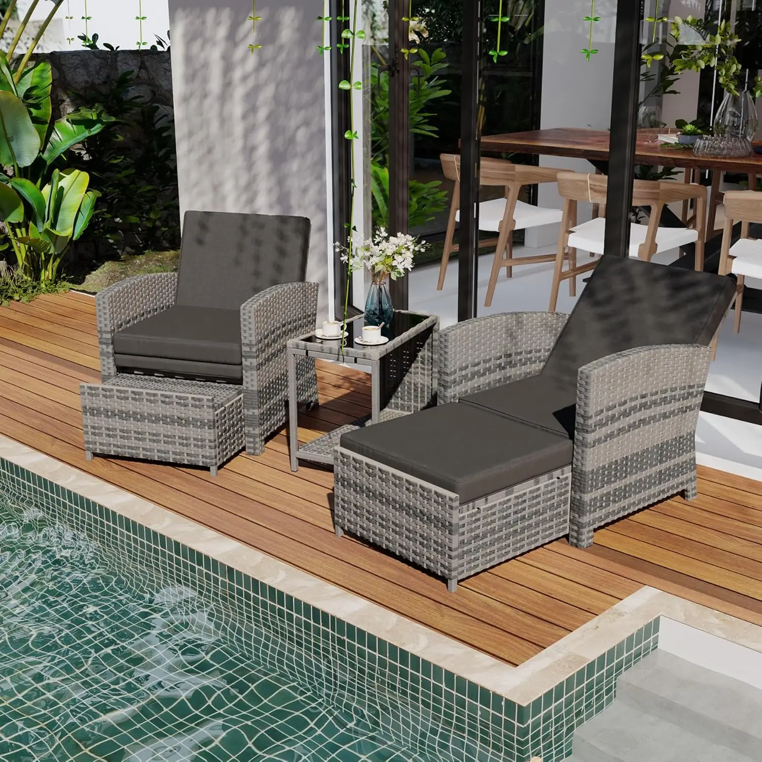 5 Piece Outdoor Patio Furniture Set, Wicker Patio Conversation Set, Outdoor Lounge Chair with Ottomans and Coffee Table