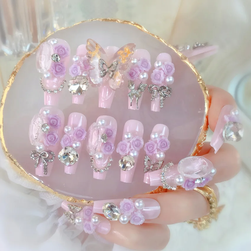 24pcs Handmade Press on Nails Heavy Metal Large Crystal Purple Flowers Decor Fake nails Full Cover Glitter Butterfly False Nails