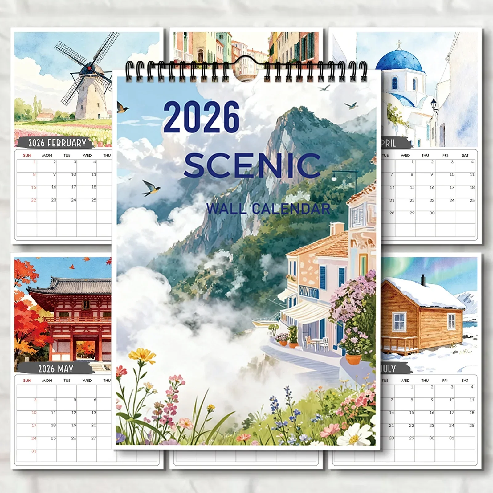 

1PC 2026 Windmill Town Wall Calendar, Idyllic Village-Nature Lovers, Perfect for Home Decor & Yearly Organization