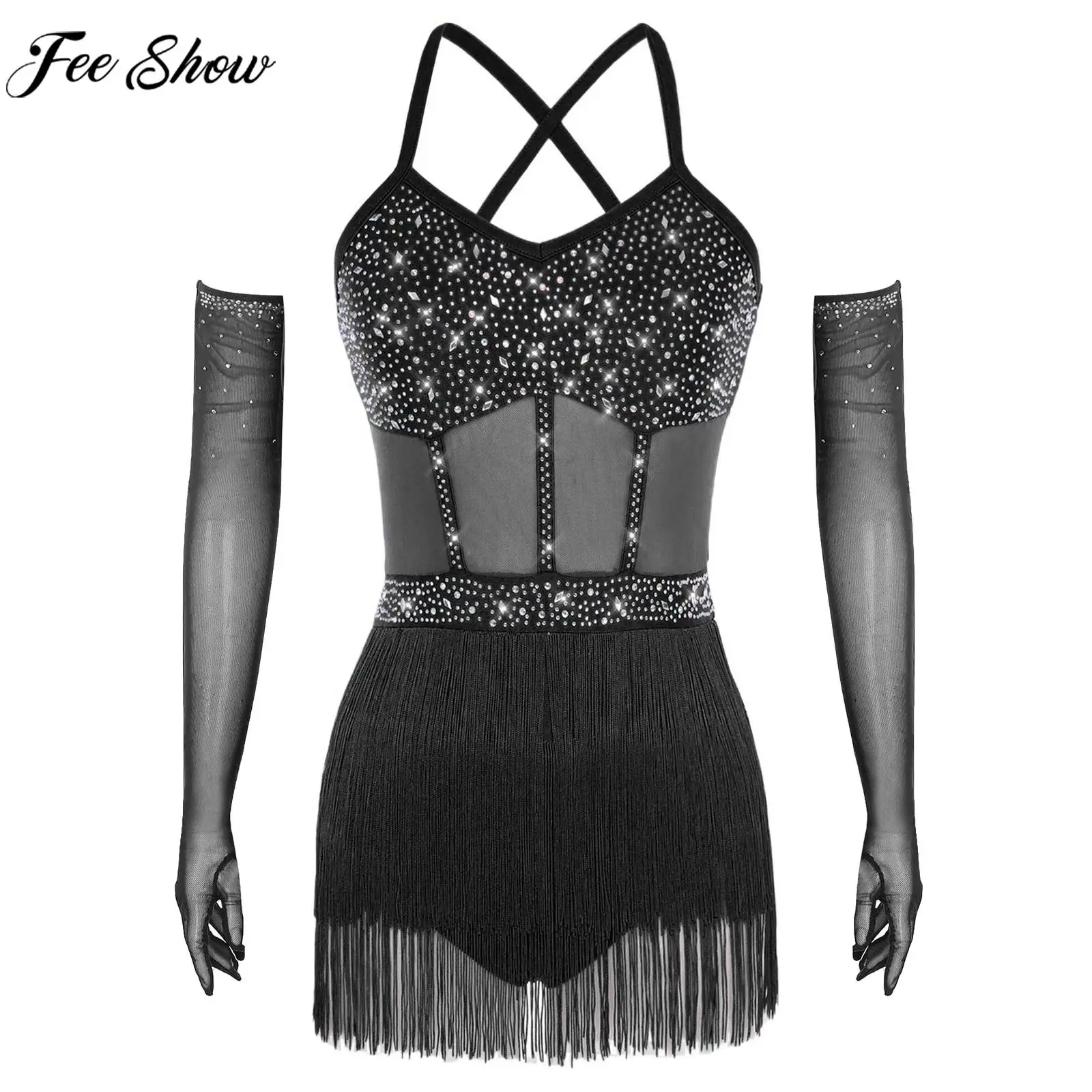 Vestido de leotardo de baile latino para mujer, traje de malla con borlas y diamantes de imitación brillantes para patinaje artístico, Tango cha-cha, salón de baile, Samba, Rumba