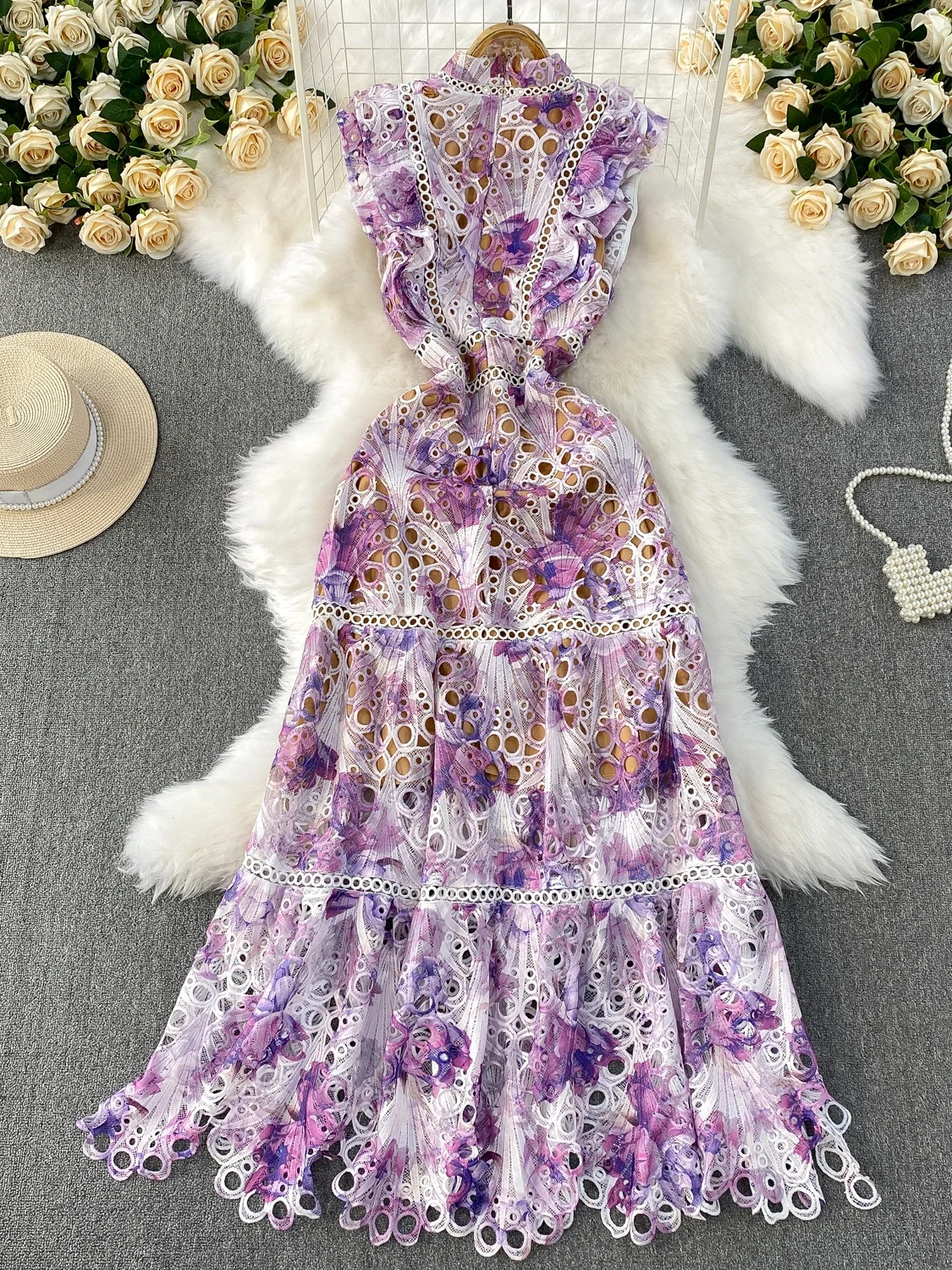 

Ele n Sle Long Hollow out Dr Women's Summer Faion Stand Collar Fly Sve Waist Cinched Floral Print Dr