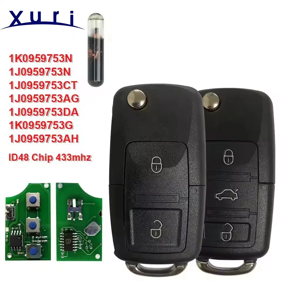 

Xuri 1J0959753N/DA/AG/CT/AH /G 1K0959753N Remote Car Key 433MHZ ID48 For Volkswagen VW Passat Golf MK4 Bora Polo 2B/3B