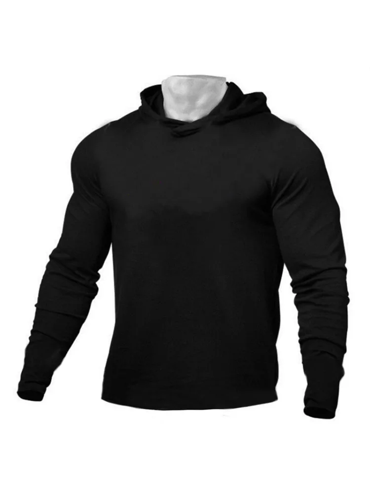 Plain Mens Hooded T-shirts Spring Autumn Cotton Fitness Long Sleeve Hoodies Breathable Workout Gym Clothing Sports Muscle Shirt