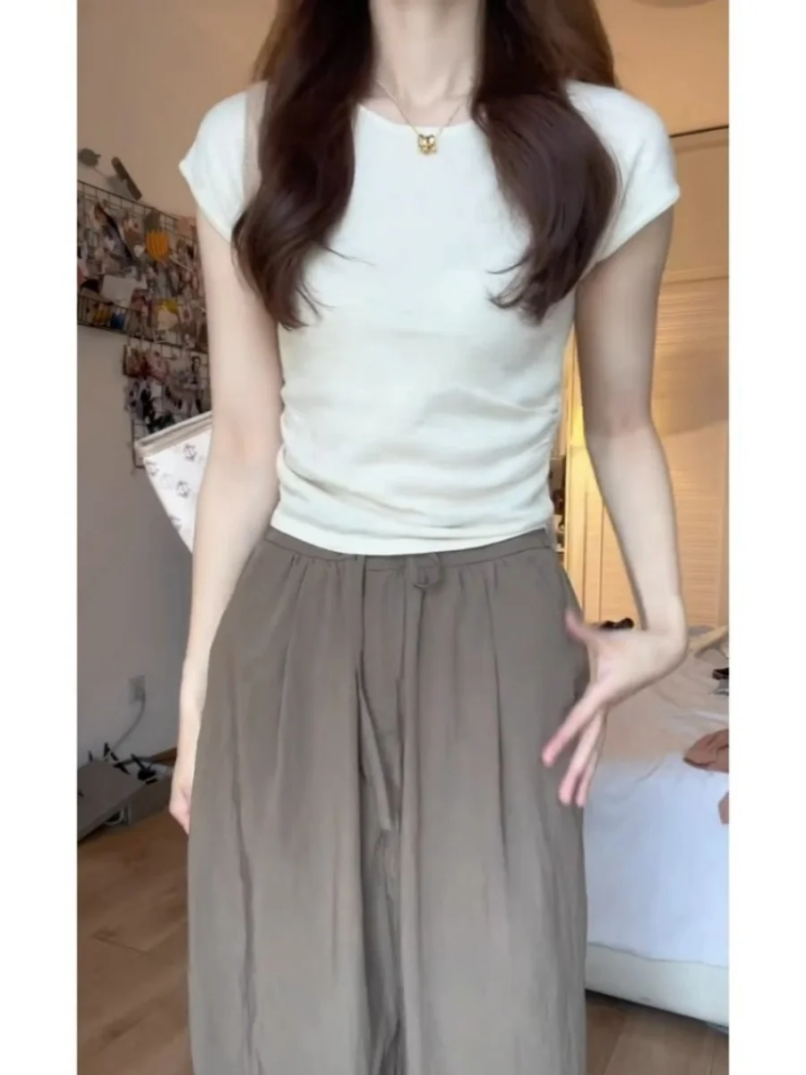 Slim Fit Knitted Short Sleeve T-Shirt Women's Summer Waist-Cinching Design Pastel Blue Folded Shoulder Top Korean Style round...