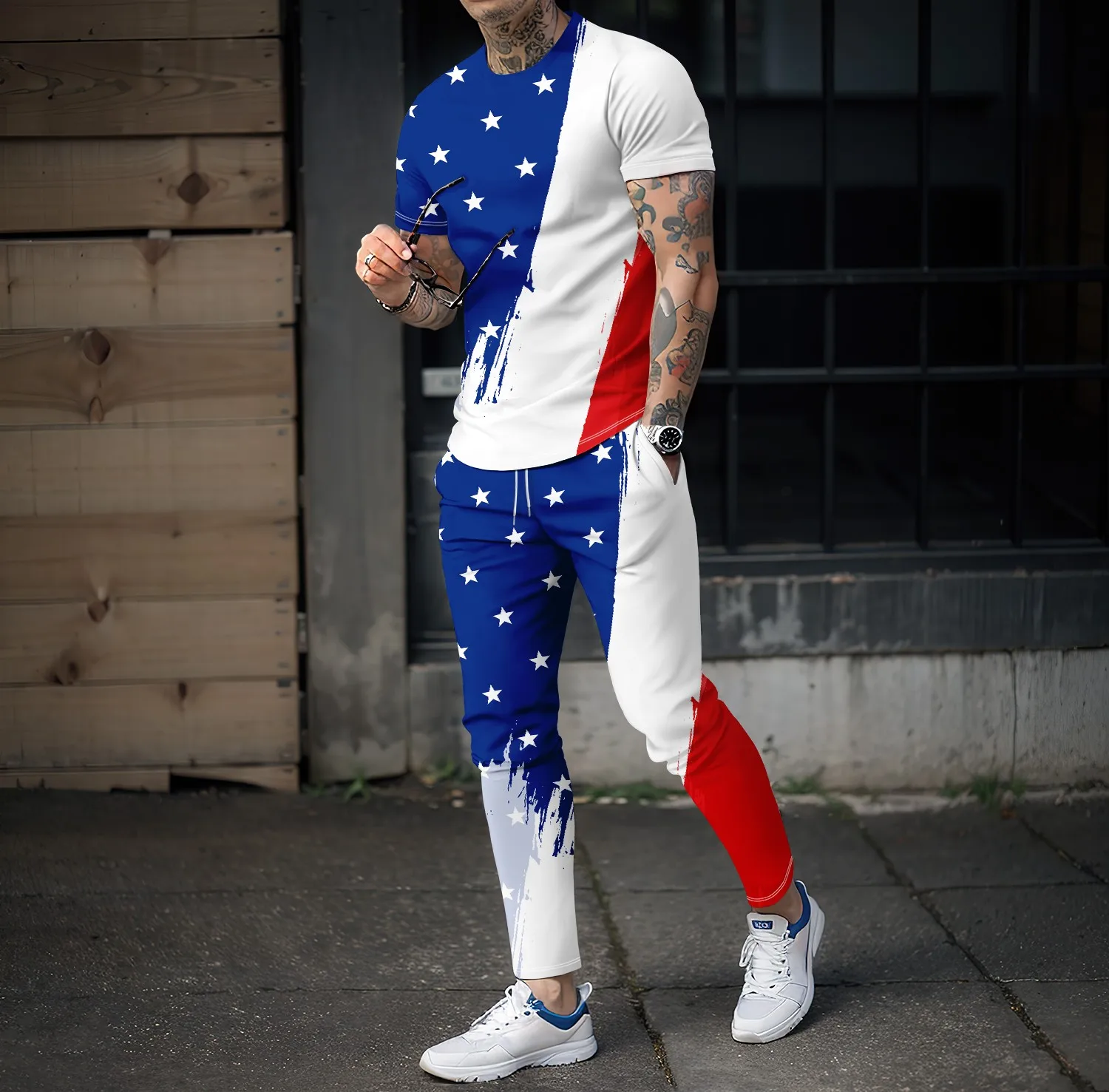 Men's National Flag 3D Long Pants Sportswear 2-piece Set Short Sleeved T-shirt+long Pants Cycling Fitness Jogging Casual Street