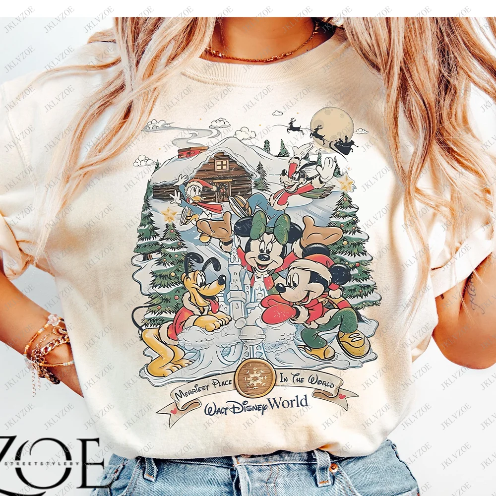 Comfort Colors Vintage Mickey Minnie Disney Girls Tops Cotton Shirt Disney Christmas Tee Tree Merry Party Gift Retro World Shirt