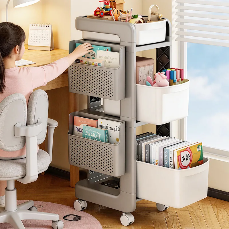 mobile-plastic-bookshelf-multi-layered-with-wheels-small-cart-sunshade-sleeve-cover-bag-storage-rack-creative-design-open-dis