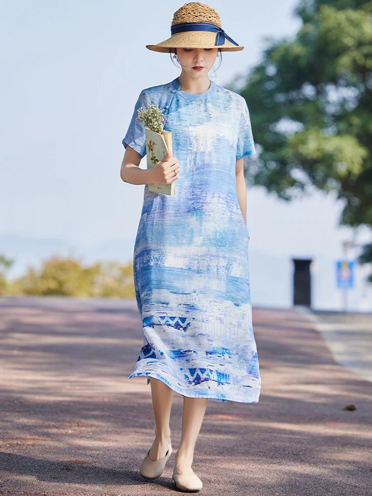 

Chinese Style Women Cotton Linen Long Dress New Arrival 2025 Summer Vintage Print Loose Ladies Elegant A-line Dresses M1317
