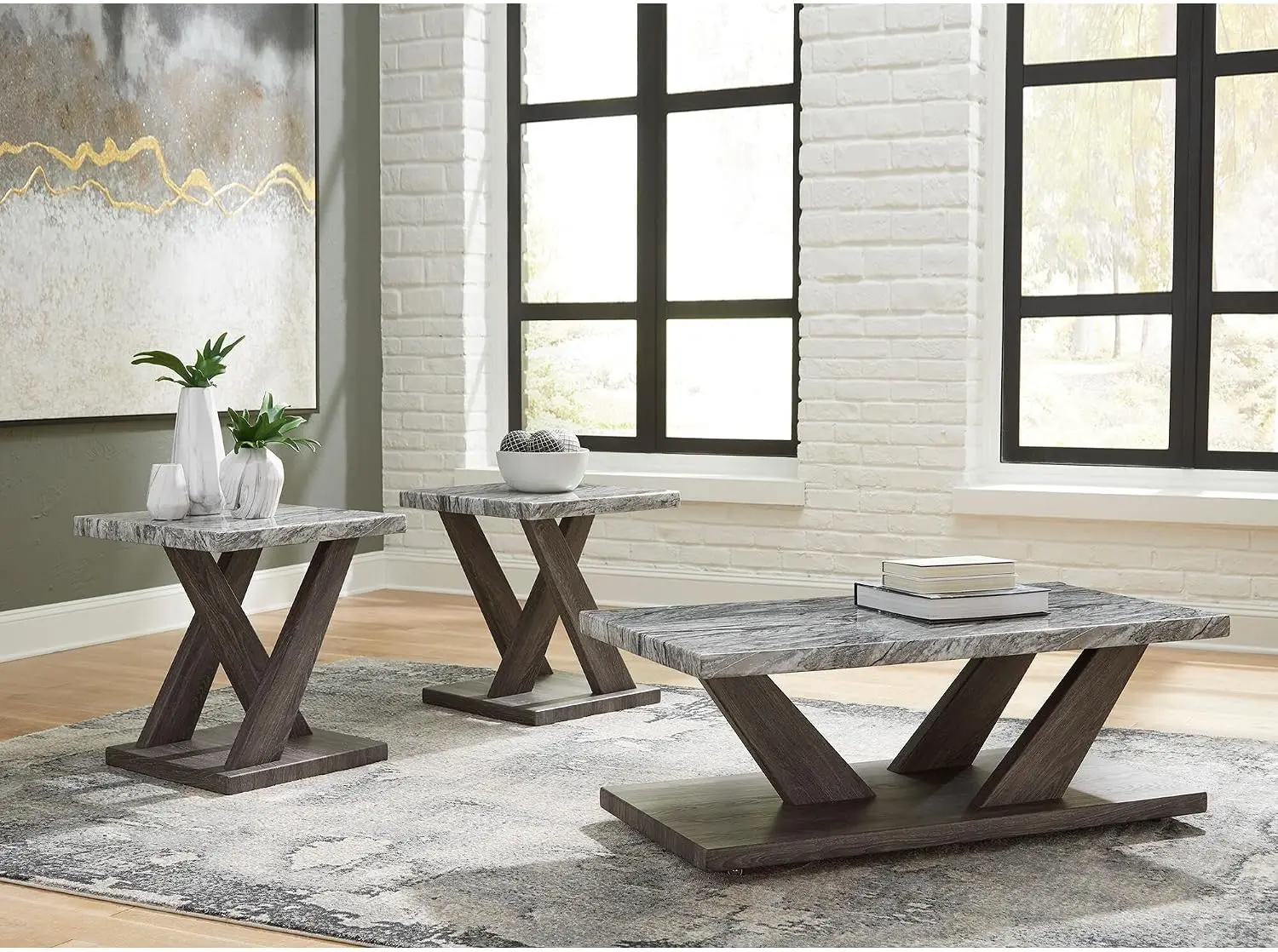 Bensonale 3-Pc Coffee Table and End Table Sets | Weathered gray wood-grain finish with lower shelves, Built-in rolling casters f
