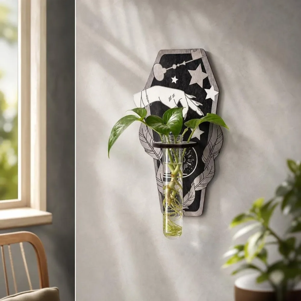 Wooden Hydroponic Planter Shelf Vase Gothic Style Wall Decoration Leaf Shape Geometric Wall Mounted Planter