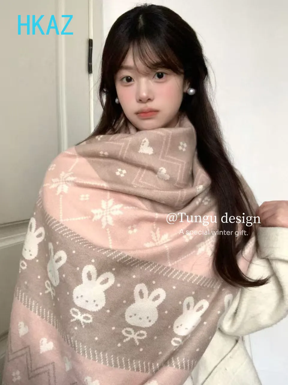Jacquard Blue Pink Scarf Sweet and Cute Girl Korean Shawl Autumn Winter New Warm Student Versatile Fashion Scarves for Women