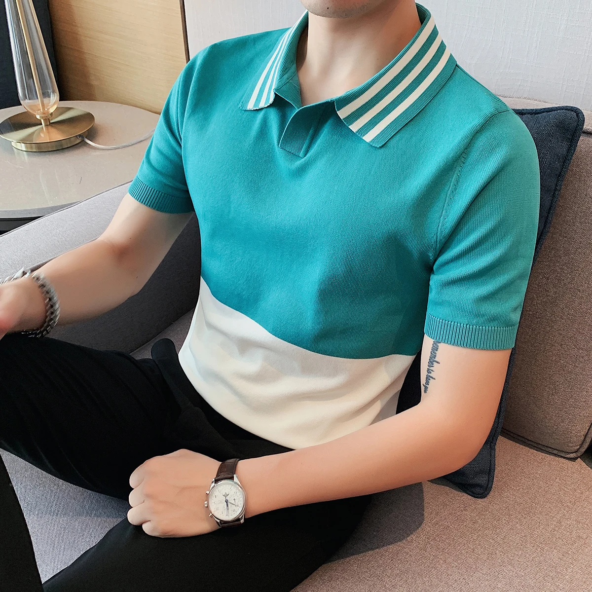 2023 Summer V-Neck Spliced Knitted Polo Shirts Men High Quality Short Sleeve Ice Silk Elasticity Casual Lapel Tee Tops 3XL-M