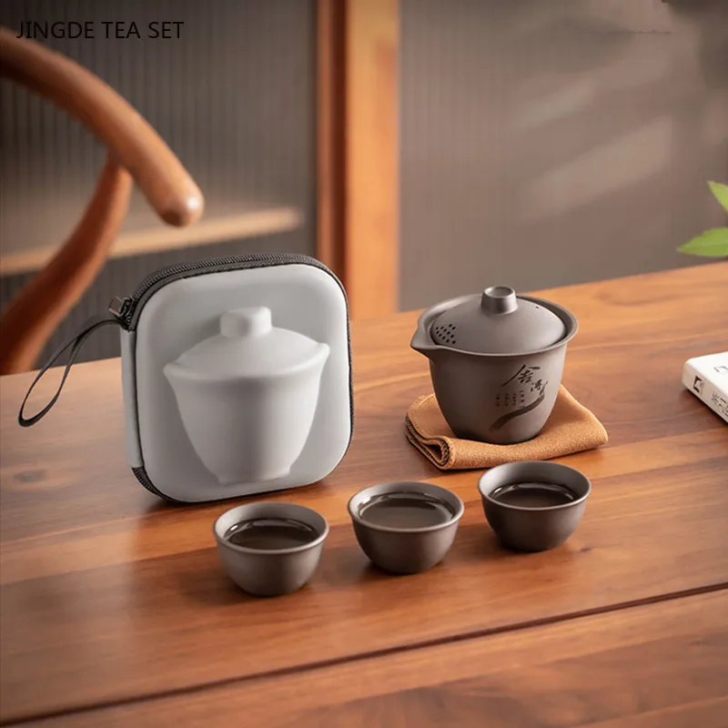 Portable Travel Tea Set Purple Clay A Pot of Three Cups Set Car Outdoor Tea Infuser Handmade Gaiwan Beauty Tea Cup Teaware