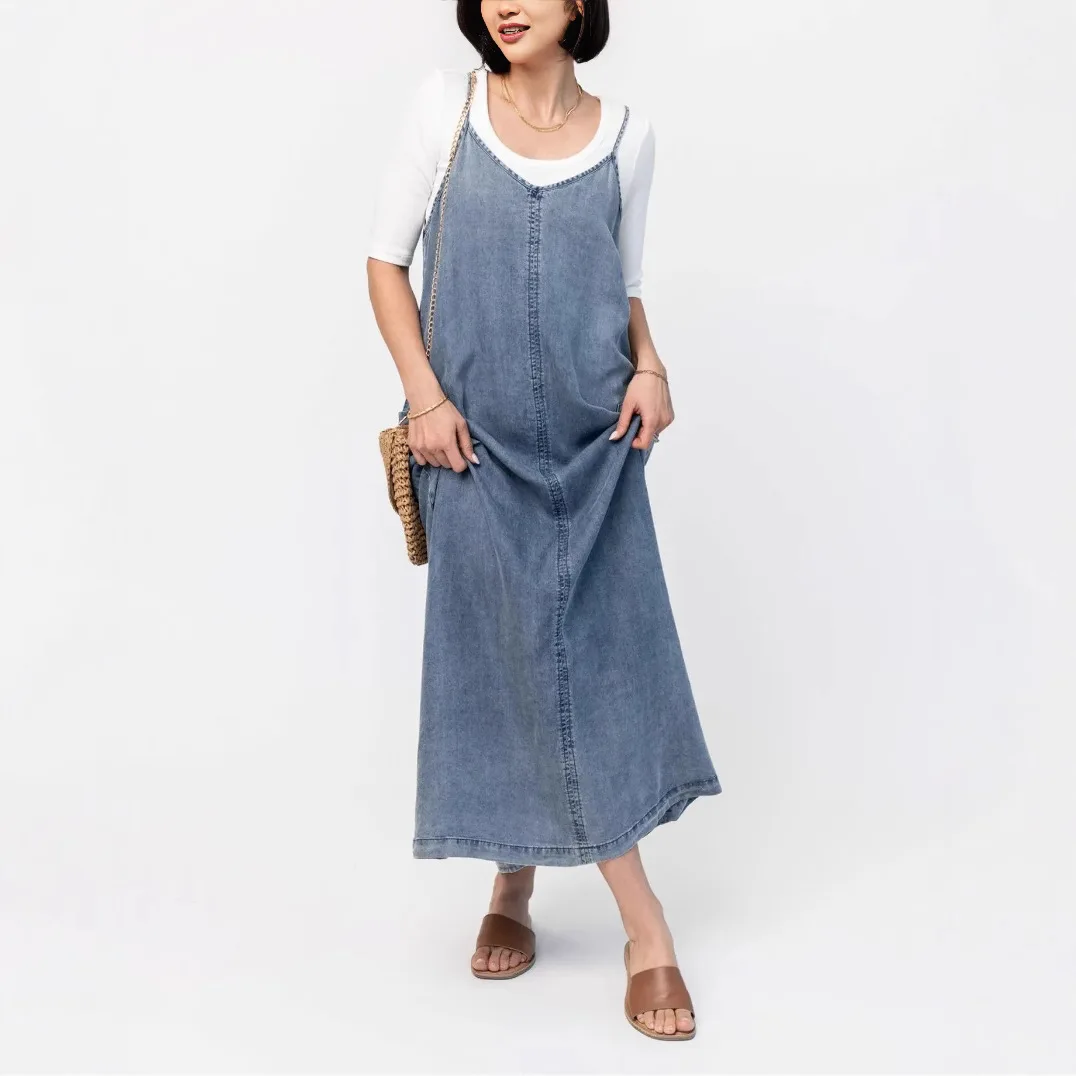 Women's French Retro Denim Cami Dress 2026 Spring Summer New Arrivals Simple Sleeveless Layering Loose Slimming Lazy Maxi Dress