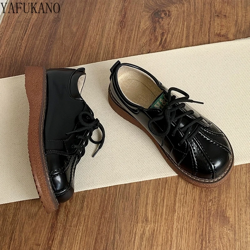 Mori Girl Retro Pleated Sewing Details Thick Sole Shoes Lace-up British Style Casual Small Leather Shoes Student Wide Toe Shoes