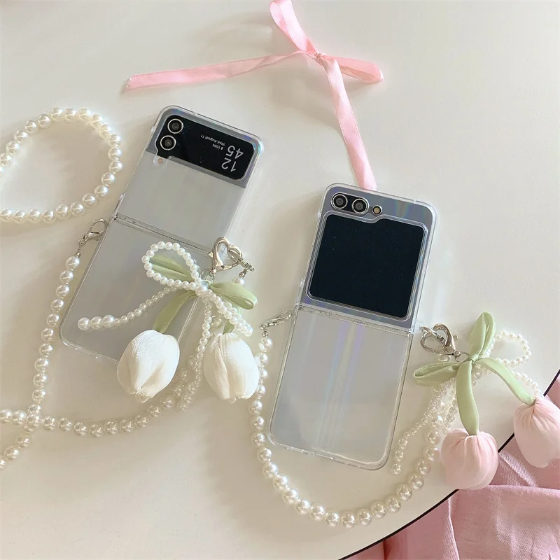 

Для Samsung Galaxy Z Flip 6 5 4 3 Чехол Z Flip5 ZFlip 5 ZFlip6 3D Цветок тюльпана Жемчужный чехол через плечо Ремешок
