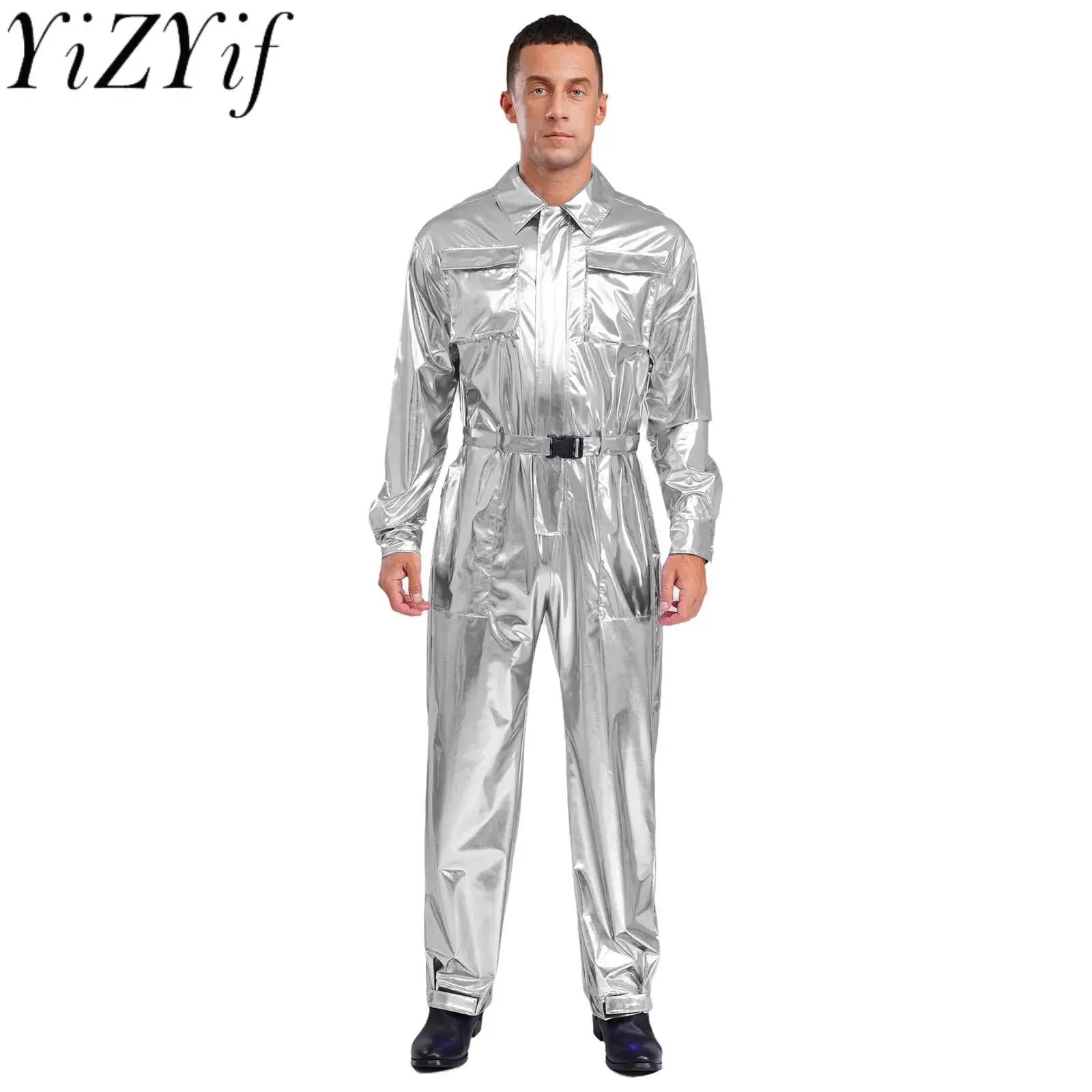 

Halloween Men's Astronaut Outer Space Bodysuit Long Sleeves Shiny Holographic Jumpsuit Fashion Alien Carnival Party Costume