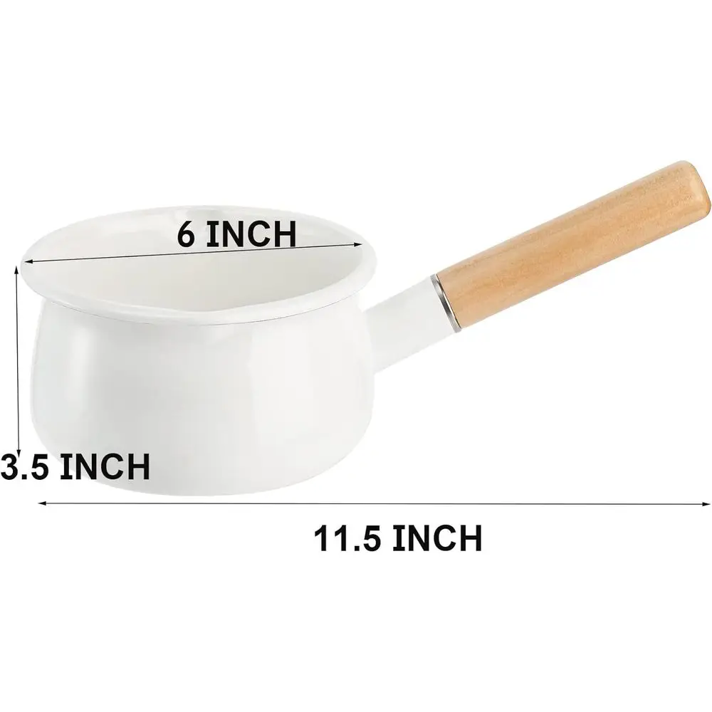 1 Quart Enamel Milk Pan with Dual Pour Spout, Small Enamel on Steel Saupan Milk Pot Butter Warmer with Wooden Handle, Stove Top view 6
