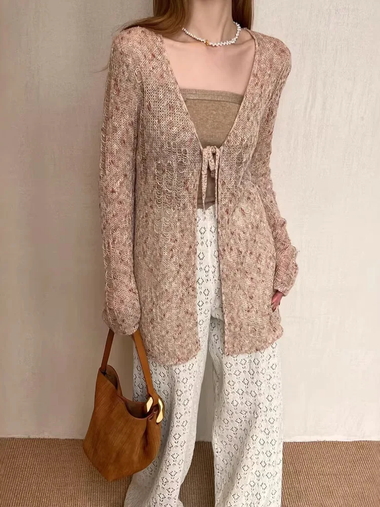 

Retro Style Knitted Cardigan Women's Outerwear with Belt Floral Pattern Cotton Long Sleeve Mid-Length Spring Fashion