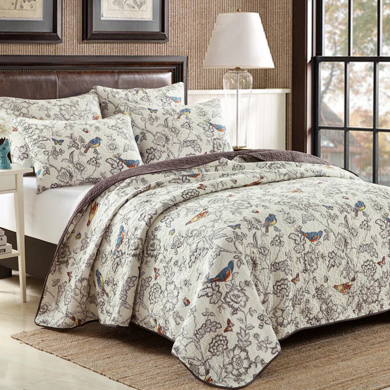 

Hundred Flower Bird Pure Cotton Water Washed Quilted Bed Cover Three Piece Set Summer and Autumn Cool Air Conditioning