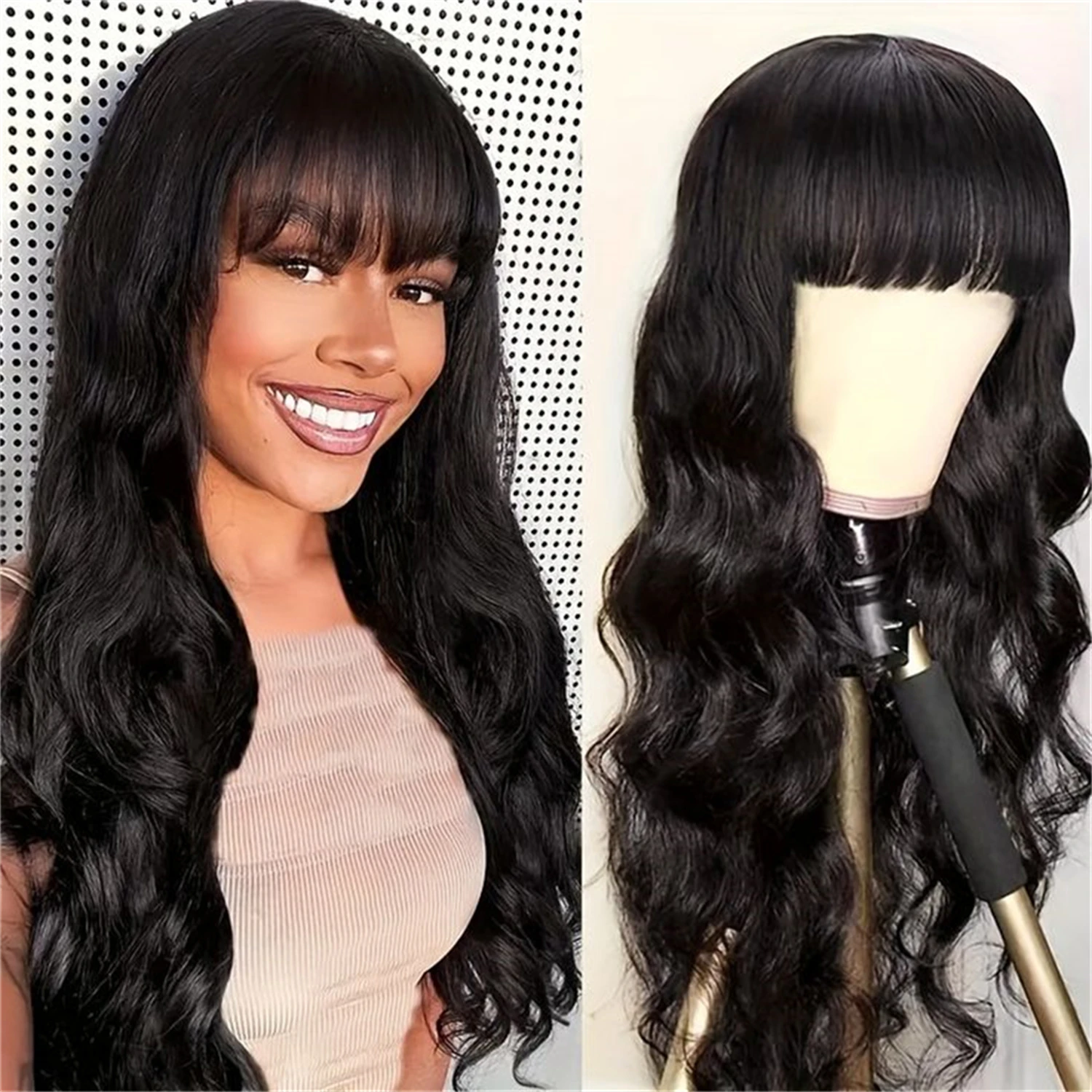 

180% Density Bang Wig Human Hair Body Wave Wig Human Hair With Bangs Wig 100% Brazilian Remy Human Hair For Women 26inch