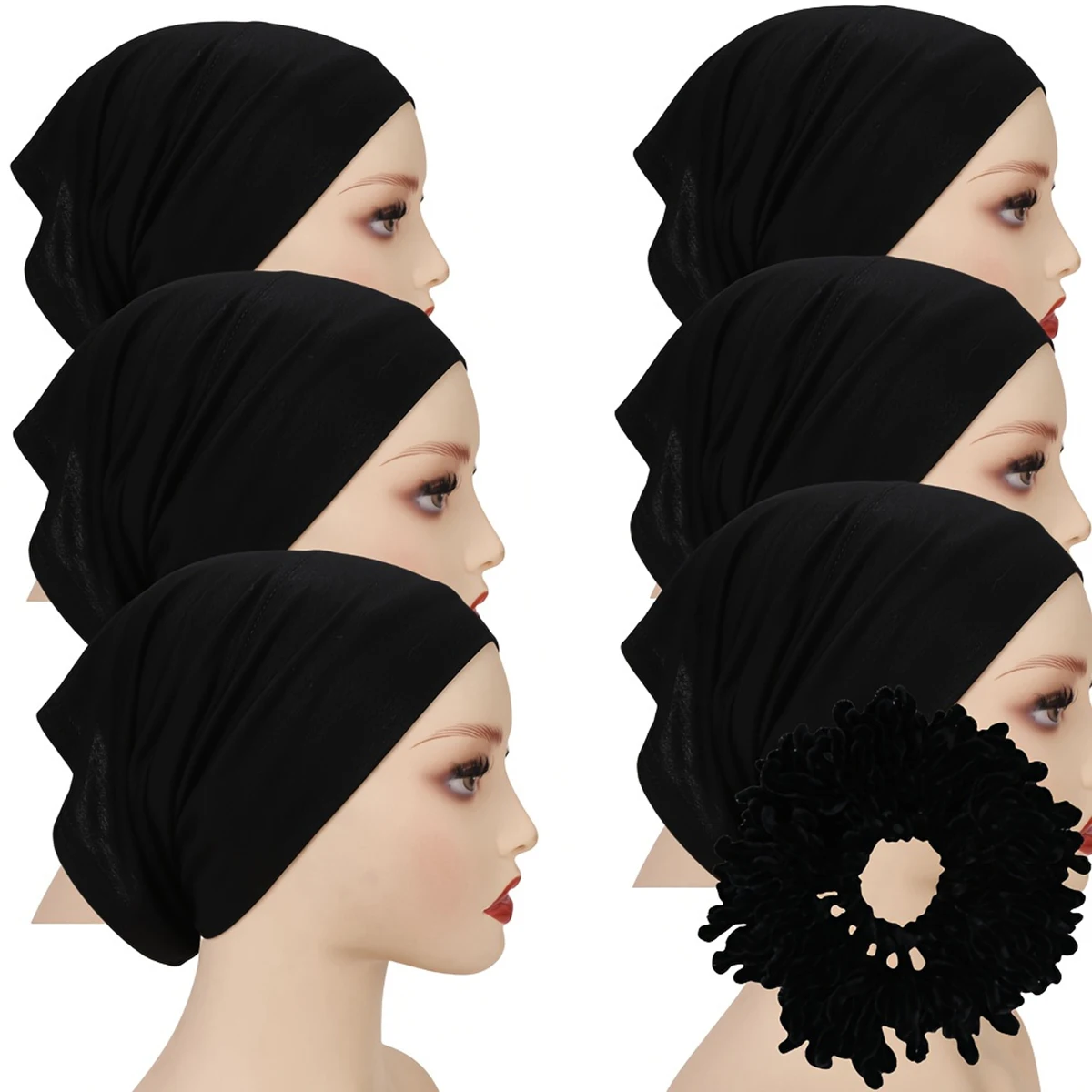 6/Pcs Modal Inner Caps Hijab And 1/Pcs Hairband Set Muslim Instant Hijabs Scarf Shawls Elastic Jersey Bonnet Islam Turban