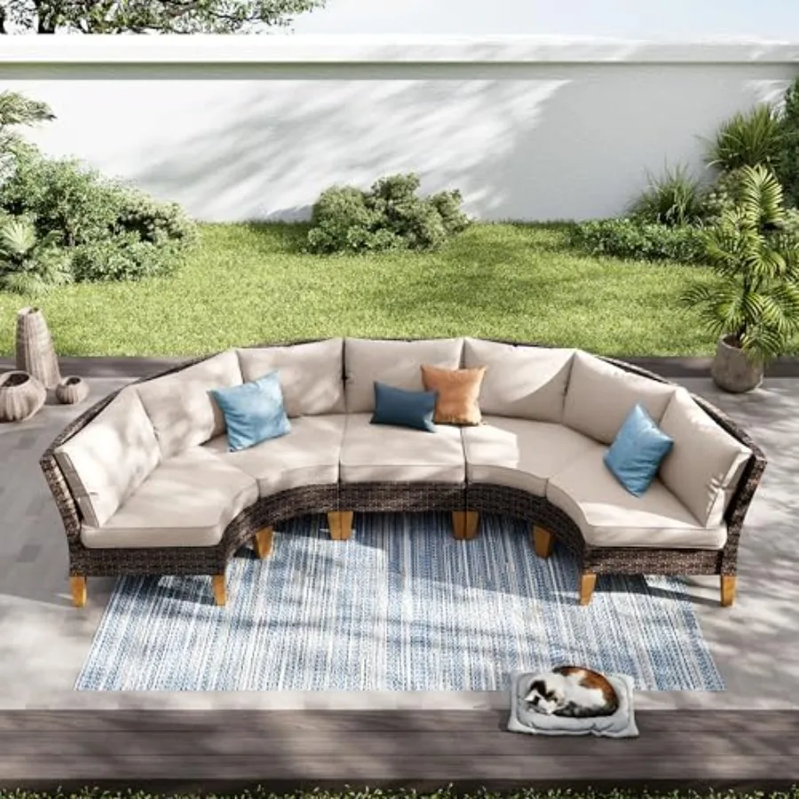 

Outdoor garden, deck, backyard use; PE wicker; beige; weather-resistant, modular half-moon design with plush cushions