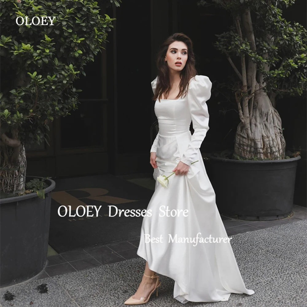 

OLOEY Simple Vintage Satin Dubai Arabic Women Evening Dresses Wedding Gowns Long Sleeves Square Neck Formal Bride Engagement