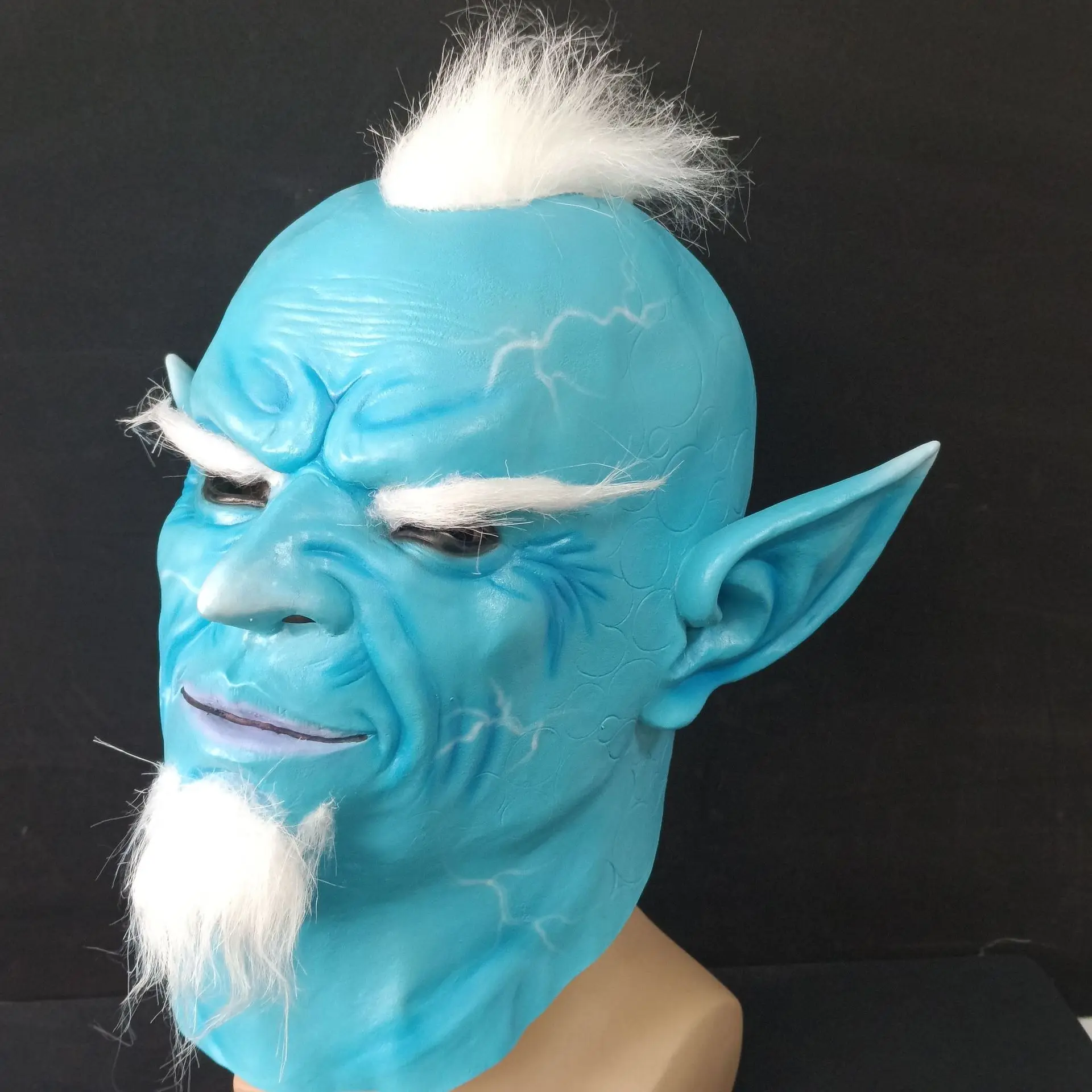 Blaue Fantasy-Elfen-Vollkopfmaske aus Latex mit weißem Haar, Bart, spitzen Ohren, Erwachsenen-Cosplay-Maske, Halloween-Karneval-Themenparty-Requisite – Detail 4
