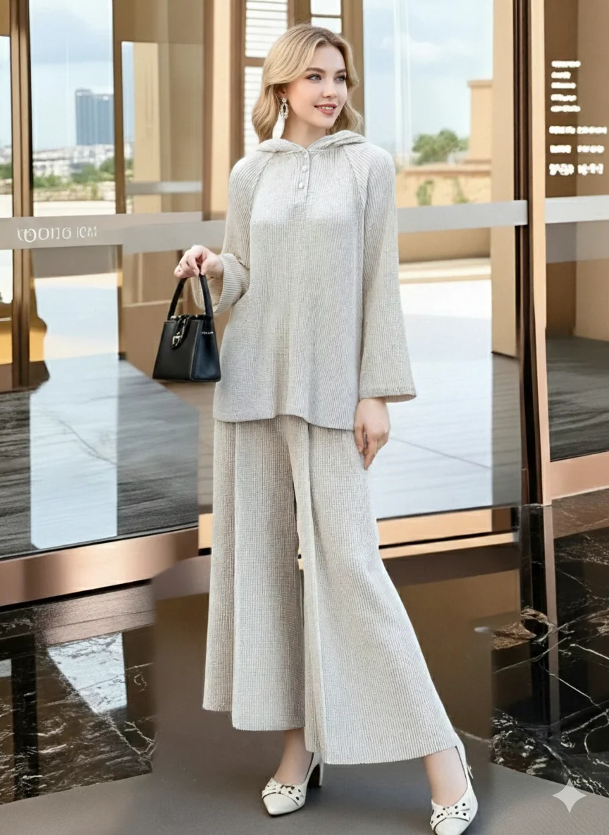 

Miyake Pleated 2026 Spring Light Luxury Leisure Suit Women's New Beige Hooded Sweater Pleated Loose Straight Pants Two-piece Set
