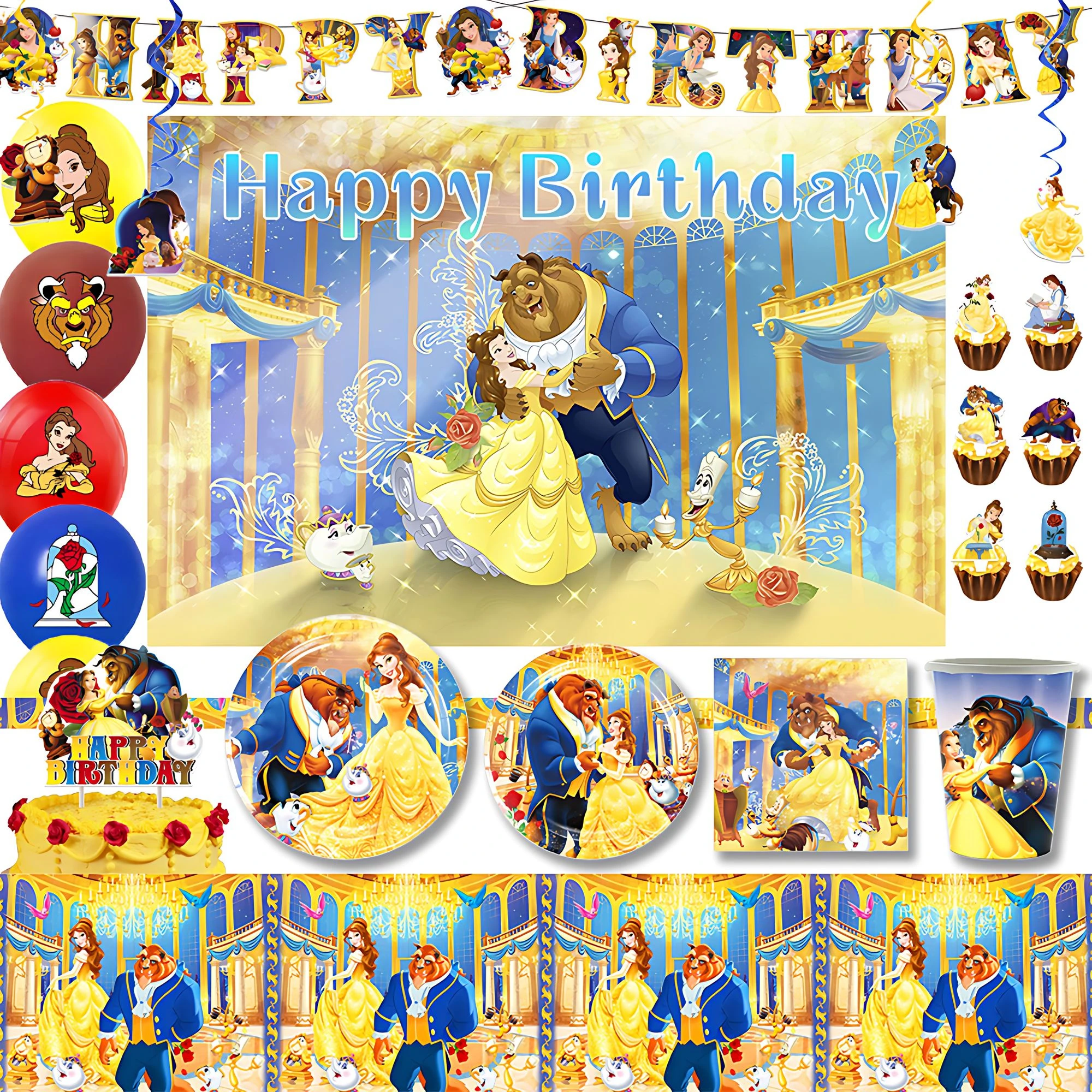 

Beauty and the Beast Belle Princess Birthday Party Disposable Tableware Plate Balloon Banner Background Decoration Supplies Gift