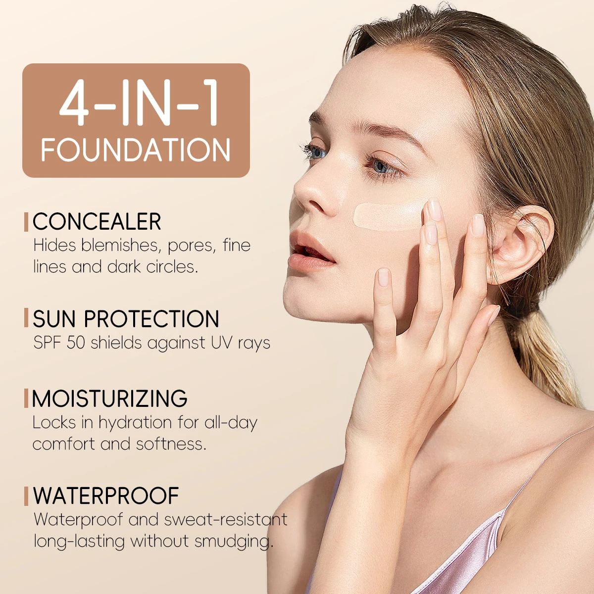 รองพื้นเปลี่ยนสี 4 in 1 ให้ความชุ่มชื้น SPF 30+ บำรุงผิว ติดทนนาน กันน้ำ ปกปิดดี เหมาะสำหรับพกพา