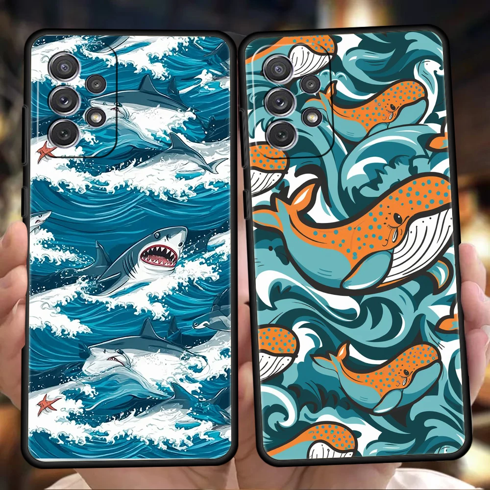 Phone Case for Samsung Galaxy A13 A15 A17 A22 A23 A25 A31 A32 A33 A35 A41 A51 A52 A55 5G Soft TPU Shell Ocean Shark Whale Wave