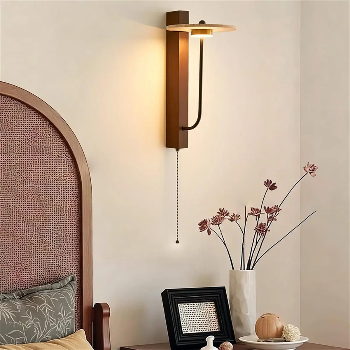 828328 Light Fixture with Natural Stone Lamp Shade Pull Cord Switch Wood Base, Art Deco Wall Sconces for Bedside Bedroom
