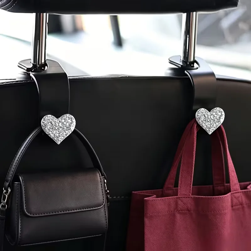 2PCS Rhinestone Heart-Shaped Car Hooks Shiny Headrest Storage Accessories Creative Car Organizers