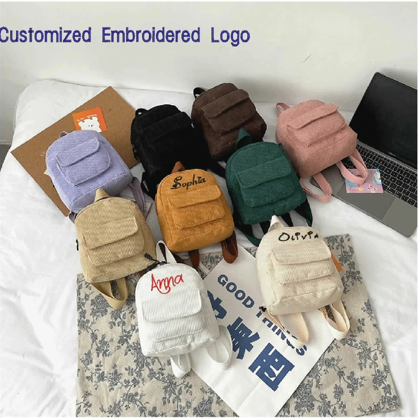 Personalized Embroidered Women Corduroy Backpack Purse Convertible Lady Casual Daypack Custom Travel Small School Shoulder Bags