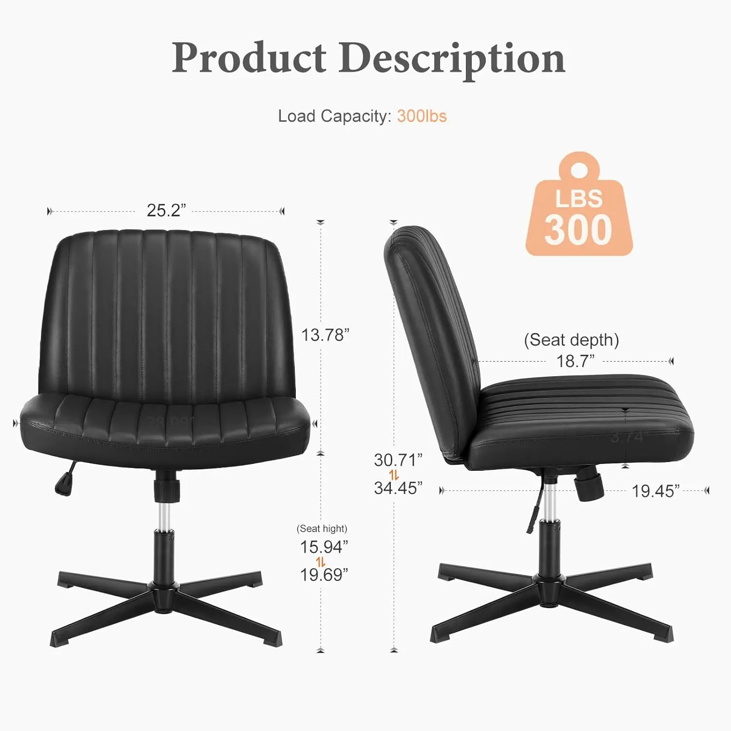 Criss Cross Chair Legged, Armless Office Desk Chair No Wheels, Swivel Vanity Chair, Height Adjustable Wide Seat Computer Task